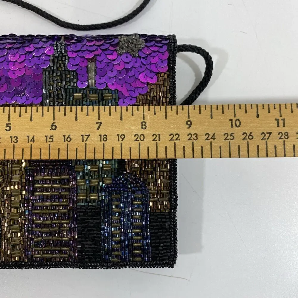 Vtg Formal Clutch Purse Beaded Wearable Art 90s Purple Black City Night Scene